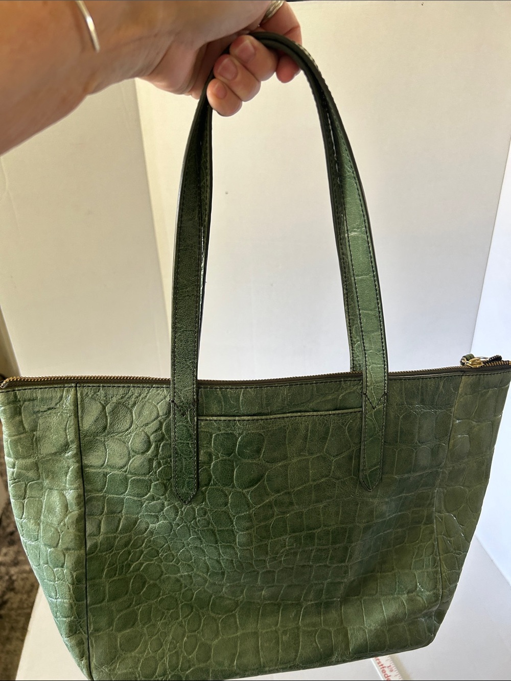 FOSSIL SYDNEY SHOPPER TOTE IN GREEN CROCODILE-EMBOSSED LEATHER
